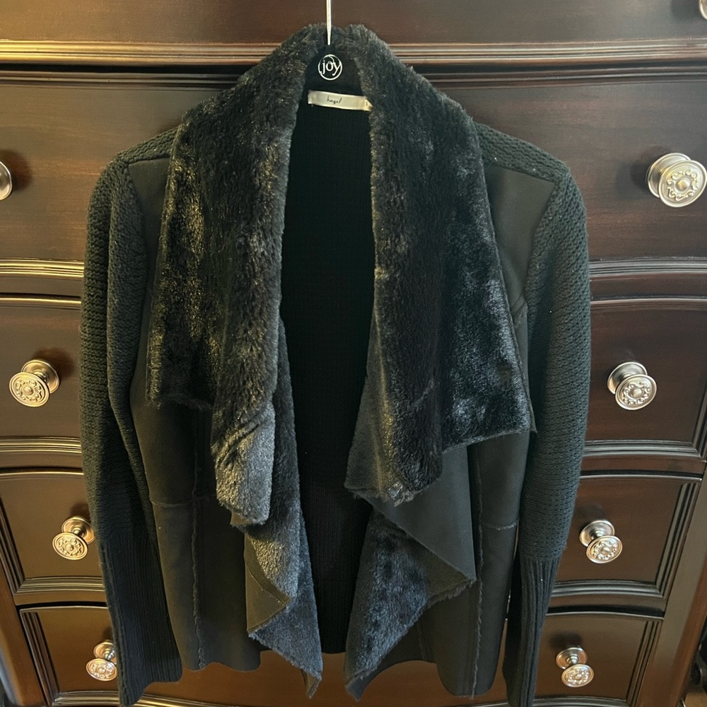 Hazel by Anthropology Waterfall Faux Suede Knit Sweater with Faux Fur Trim Small